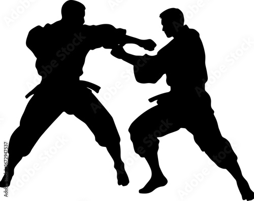 silhouette of two pencak silat practitioners sparring with open hand blocks and kicks