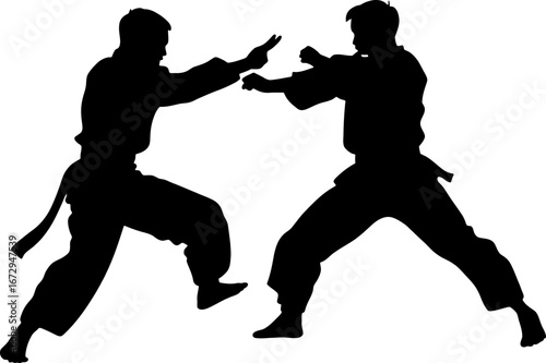 silhouette of two pencak silat practitioners sparring with open hand blocks and kicks
