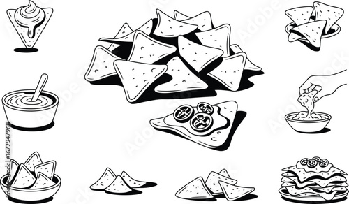 Black and white illustrations of nachos with dip and toppings