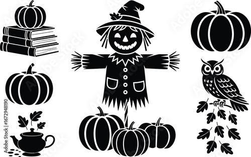 Autumn harvest icons with pumpkins scarecrow and owl