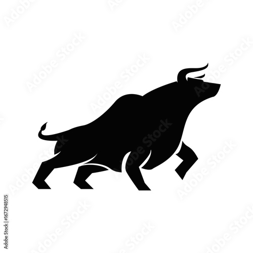 Dynamic Black Bull Silhouette with Horns Isolated on White Background
