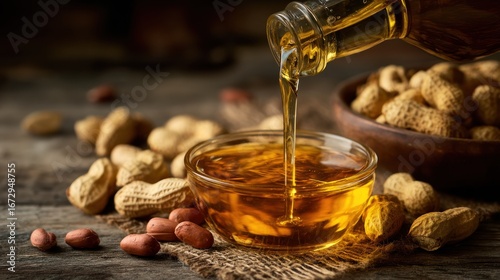 Peanut oil pouring wooden table