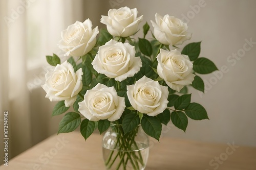 Elegant bouquet of white roses in glass vase offers a sense of peace and calm