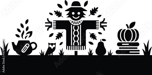 Autumn harvest scarecrow with owl pumpkin and teapot