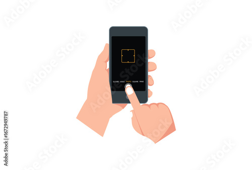 illustration of a modern Smartphone with a camera recording a drone. Camera viewfinder user interface. Screen focus in recording time. Gallery, HDR, quality, image stabilization icons, UI. Vector illu