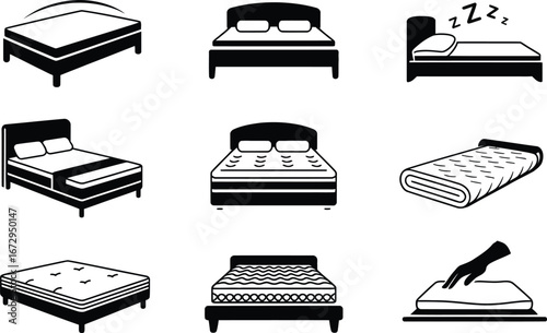 Bed and mattress icons with sleep and comfort symbols