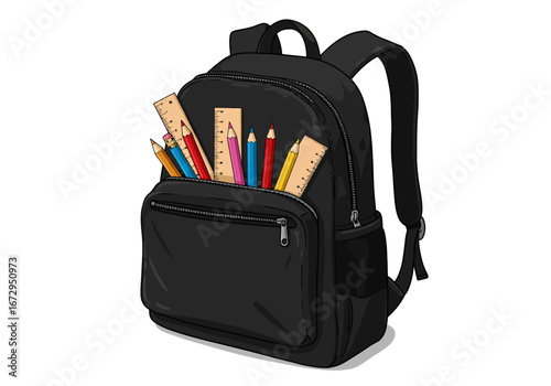 Black Backpack Filled with Colorful Pencils and Rulers for School.