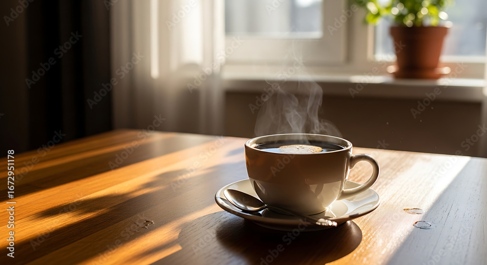 Obraz premium Morning Coffee Steam A Cozy Moment by the Window