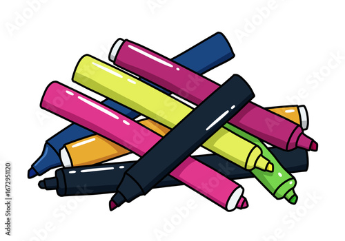 Pile of Colorful Cartoon Markers with Black Outlines and White Caps.