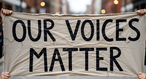 Our Voices Matter Banner Held High in Protest or Demonstration