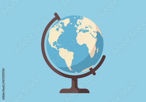 Illustrated World Globe with Brown Stand and Light Blue Oceans.