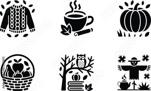 Autumn themed icons in black and white fall season
