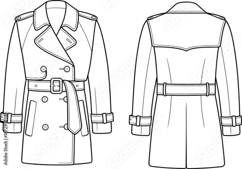 Trench coat fashion flat, front and back view, technical drawing template, women’s outerwear sketch, coat design illustration, stylish belted jacket, clothing vector
