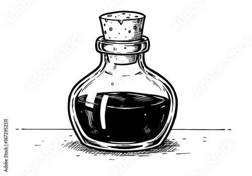 Hand-Drawn Potion Bottle with Cork Stopper and Dark Liquid.