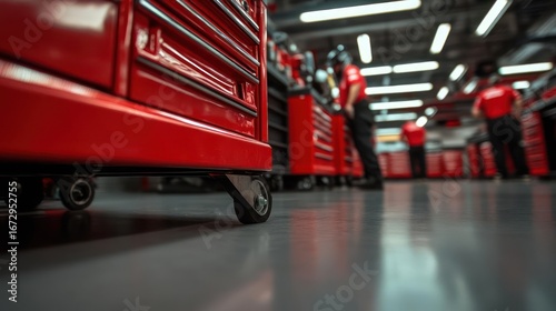A vibrant workspace featuring mechanics and mobile tool cabinets inside a repair facility