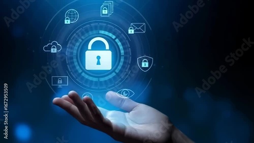 Modern cyber security protection video with data encryption concept for business security using hand with futuristic digital interface