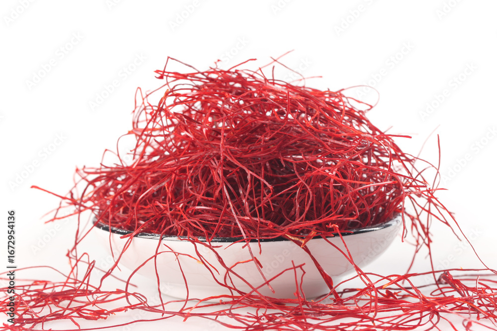 Naklejka premium Dried Red Chili Peppers Shredded Fine in White Bowl on White Background