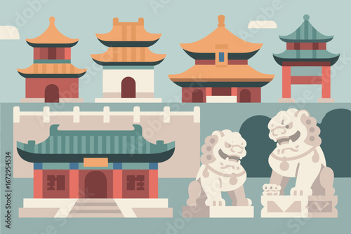Chinese Temples and Guardian Lions Illustration
