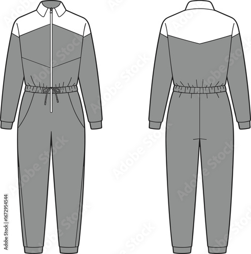 Women’s jumpsuit flat sketch, front and back view, long sleeve jumpsuit design, zipper front, elastic waist technical drawing, casual fashion illustration, clothing vector template