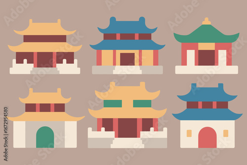 Stylized Chinese Pagoda Illustrations in Flat Design