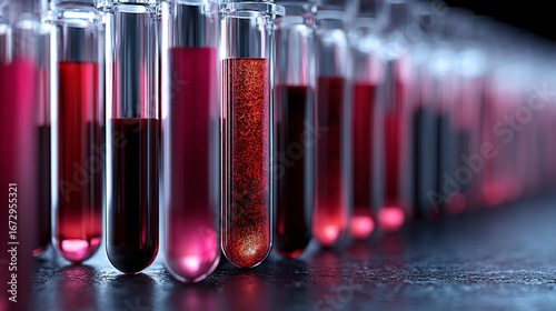 A close up view of a row of test tubes filled with a red liquid in a laboratory setting