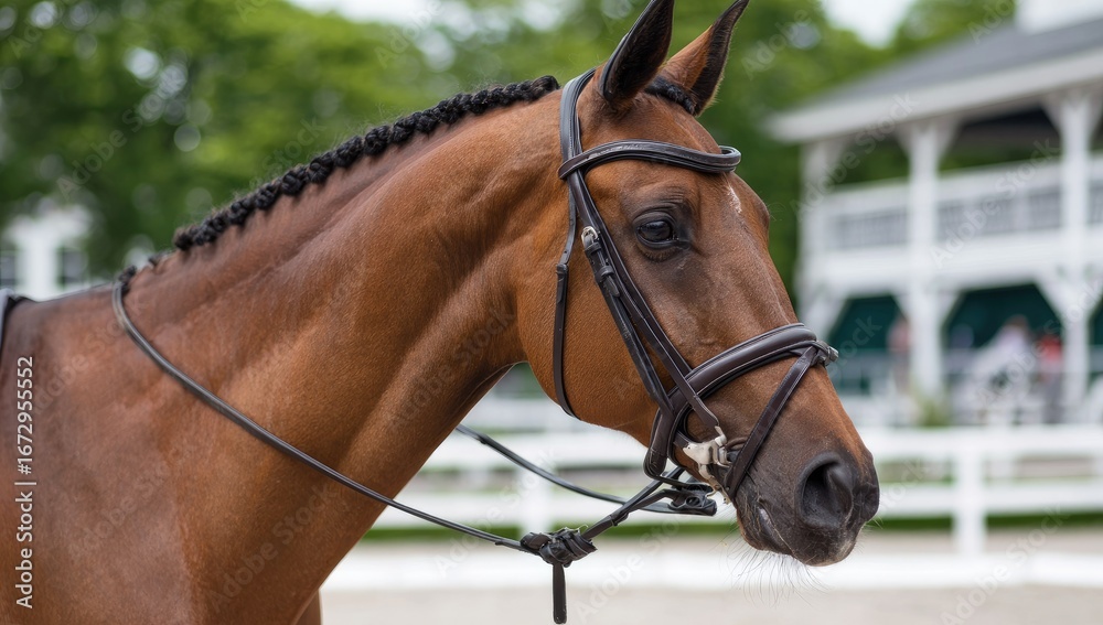 Obraz premium Brown horse with braided mane and tack