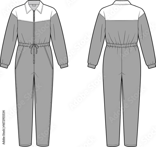 Women’s jumpsuit technical flat sketch, front and back views, long sleeve jumpsuit design, zipper closure, elastic waist, casual fashion illustration, clothing vector template, apparel drawing