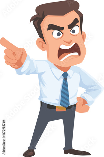 Man in business attire angrily gestures and shouts during a meeting isolated on transparent background. Vector illustration.