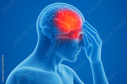 a 3d medical illustration of a male figure holding his head, with a bright red, glowing brain indicating pain