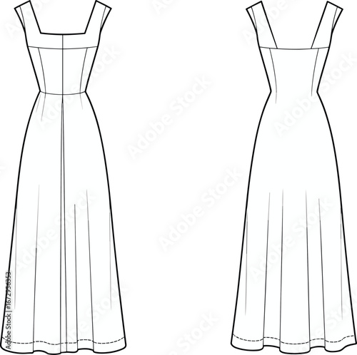 Women’s long dress flat sketch technical drawing, front and back views, square neckline, fitted bodice, wide straps, flowing skirt, fashion vector template, garment illustration design