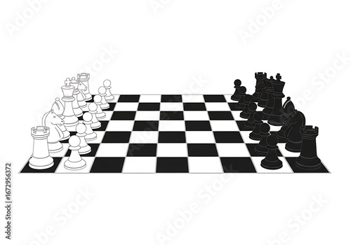 Classic black and white chessboard with all pieces in starting position, symbolizing a strategic confrontation and intellectual challenge