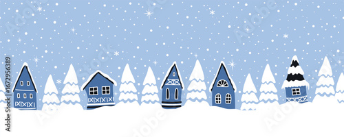 Winter Seamless Border. Christmas Village. Winter Landscape. Blue Silhouettes of Houses, White Fir Trees. Snow. Greeting Card, Invitation Template. Vector Illustration on Light Blue Background