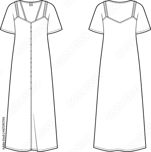 Women’s midi dress flat sketch technical drawing, front and back views, short sleeves, square neckline, button front, casual summer dress design, fashion vector template illustration