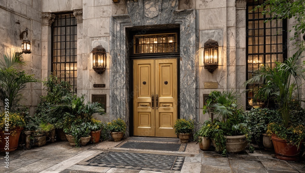 Naklejka premium Grand entrance of a building, with gold doors, stone facade, and potted plants