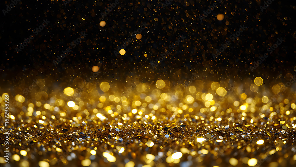 Obraz premium Golden glitter sparkles on dark background abstract