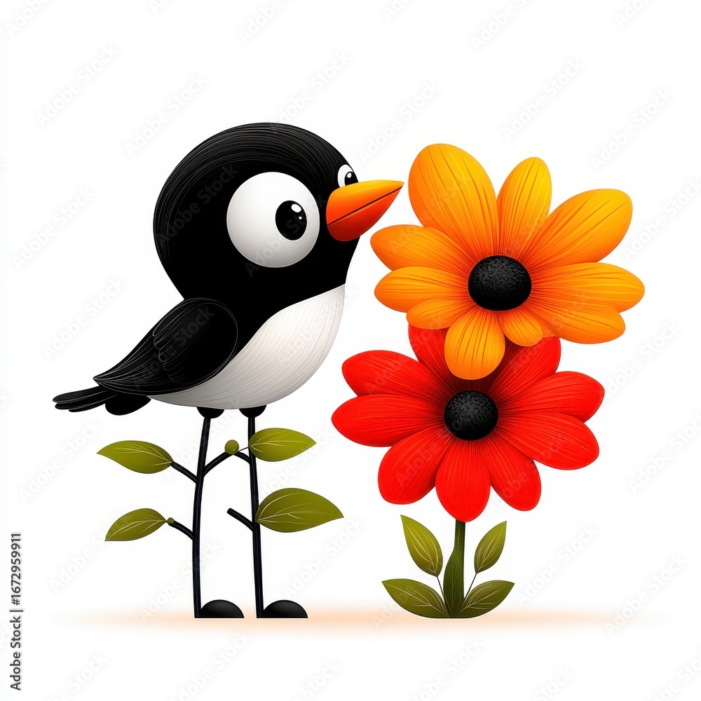 Naklejka premium Playful bird among vibrant flowers nature scene graphic art whimsical environment close-up view artistic concept