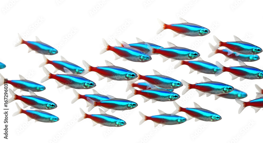 Fototapeta premium School of neon tetra fish swimming together in a dark aquarium environment shot