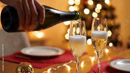 Pouring champagne into glasses celebrating festive occasion
