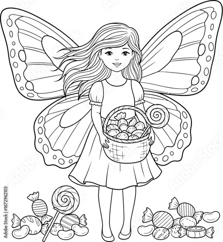 Vector art of coloring page of a girl in a fairy costume with a basket of candy