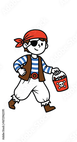 Illustration of a cute pirate boy with candy bucket on