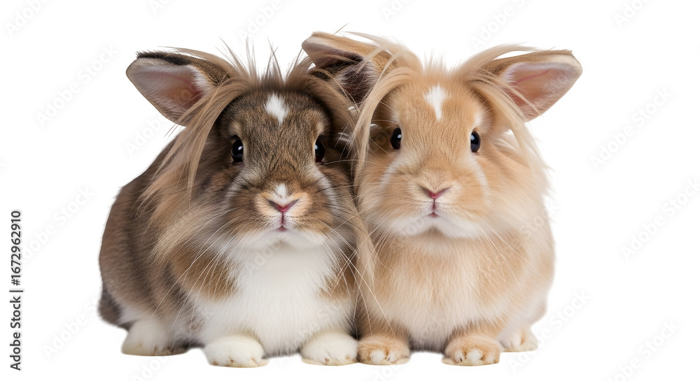 Fototapeta premium Two adorable lionhead bunnies sitting side by side looking at the camera closely