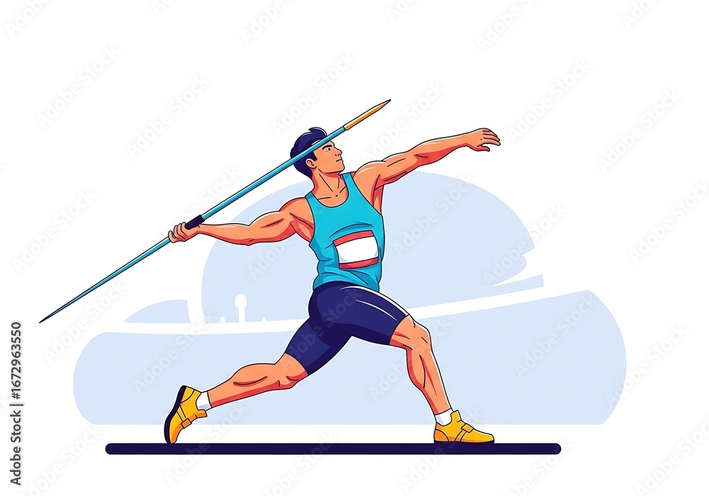 Obraz premium Dynamic male athlete launching a javelin with powerful form, vector illustration of a track and field sports competition