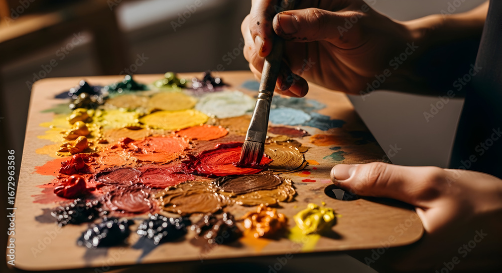 Fototapeta premium A close-up shot of an artist's hand mixing vibrant oil paints on a palette, creating a masterpiece in progress, showcasing the beauty of artistic expression and the joy of creation.