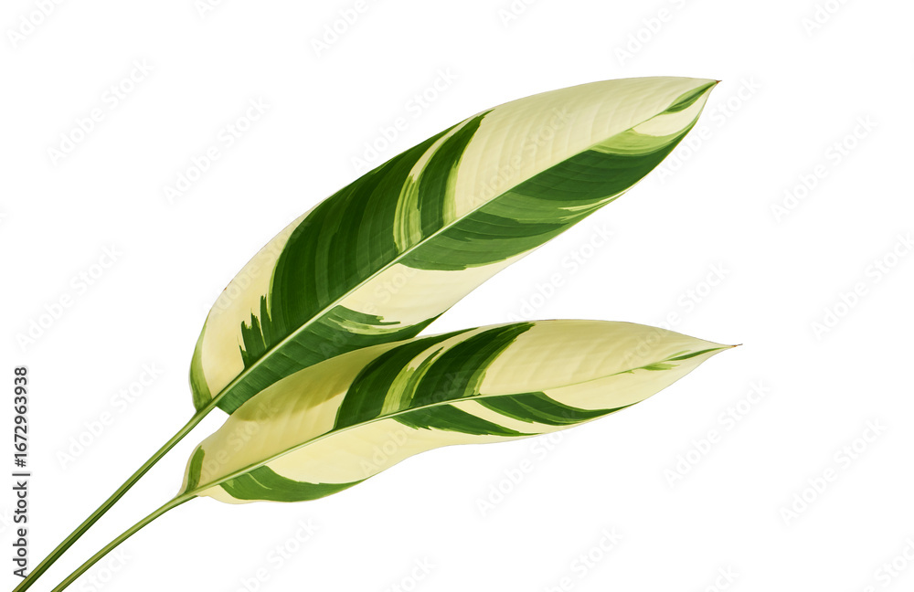 Fototapeta premium Heliconia variegated foliage, Exotic tropical leaf isolated on white background, with clipping path 