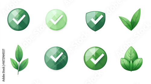 Eight Graphics on Clean White Background (Arranged in 2 Rows of 4): Stylized Green Leaves & Green-Toned Circular/Shield Icons with White Check Marks