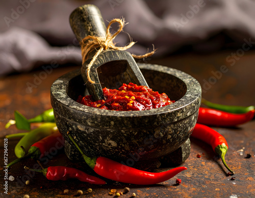 Fresh red chili sauce served in a stone mortar, Sambal is a traditional Indonesian sauce made from chili.