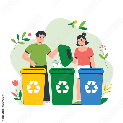 People recycling waste in different colored bins for environmental protection