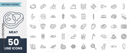 Meat icon set in line style. Meat products including steak, chicken, ham, sausage, bacon, food and more. Editable stroke. Vector illustration