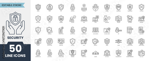 Security icon set. Including lock, shields, password, encryption, secure, safebox, protection and more. Editable stroke. Vector illustration