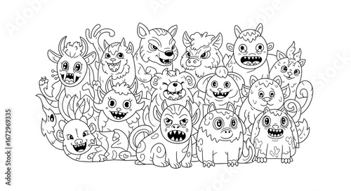 Group of Cute Hand-Drawn Doodle Monsters and Fantasy Creatures on Isolated White Background, friendly cartoon characters.